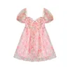 French Floral Dress Women Sexy Puff Sleeve Lace Organza Print Mini Summer Korean Style Vintage Fairy 210529