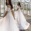 Vestidos casuais boêmio espaguete cinta casamento vestido de renda design curto babados fora do ombro noivado nupcial uma linha transparente 233e