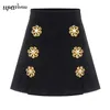 無料の女性のシックな花のボタンハイウエストスカート夏の黒いセクシーなAラインファッションミニ210524