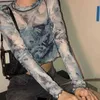 YEединас Летний с длинным рукавом футболки синий галстук красит увидеть сквозь сетчатые вершины Sexy Slim женщин складки дизайн корейский клуб Streetwear 210527