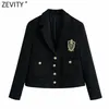 Zevity Femmes Angleterre Style Badge Patch Poitrine Laine Blazer Manteau Vintage À Manches Longues Poches Femme Survêtement Chic Tops CT663 210930