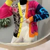 Han Guodong Dörrsamlingar Couture Fashion Leopard Splicing Flower Color V-Neck Strikkad Cardigan 211007