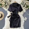 Elegant Sash Wrap Women's Short Sleeve Dress Solid Turn-down Collar High Waist Irregular Satin Soft Mini Summer Robe Femme 210603