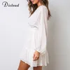 DICLOUD Sexy Plunge V Neck Women's Summer Dress White Lace Long Sleeve Mini Wedding Party Ruffle Elegant Clothes 220215