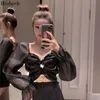 Bluz Kadınlar Puf Kollu Mahsul Through Kore Moda Şifon Blusas Mujer Seksi Bayan Pileli Bluzlar Tops 95388 210519