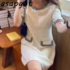 Chic French Small Fragrant Gold Silk Thread Knitted Round Neck Plaid Dress Women Loose Short-sleeved Dress Women Mini Retro OL 210610