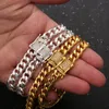 Rock HipHop Cuban Chain Silver Gold Color Iced Out Paved Rhinestone Necklace For Men Jewelry Choker Thick Link Bracelets Chains
