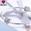 BISAER 925 Sterling Charms Princess Queen Crown Pink CZ Beads Fit for Bracelet Silver 925 Jewelry Making