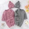 Herfst winter baby jongens meisjes pure kleur rompertjes + hoed kleding kinderen jongen meisje kinderen breien lange mouw 210429