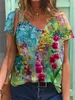 フラワーパターンTシャツプラスサイズの女性半袖プリントVネックブルスマザーマンガコルタ若い美しさTシャツ