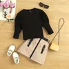 2022 Kids Baby Girls Fashion 3pcs Outfit Set Long Sleeve Half Turtleneck Top Ribbed Solid Shirt + Work Skirt+belt Set 1-6 Years