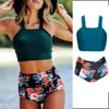 Mulheres Floral Cintura Alto Biquini Cultivado Tops Definir Verão Praia Swimwear Swimsuit Moda Estilo Vintage 210629