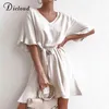 Dicloud Casual Solid Cotton Lenses Women Женщины летние короткие рукава V Sece Mini Party Dames Lady Line Summer Outfit 210322
