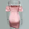 Colysmo 2 lagen zomer elegante jurk vrouwen slash nek bladerdeeg korte mouw satijnen bodyon roze verjaardagsfeestje mini 210527