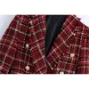 Vintage Kobiety Wełniany Collar Collar Blazers Moda Damska Czerwona Kurtka Plaid Streetwear Kobiet Chic Podwójne Płaszcze Płaszcze 210427