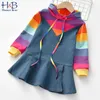 Humor Bear Girls Dress New Spring Autumn Long- Sleeve Hooded Striped Printed Denim Patchwork Sweater Dress Toddler Kids Cloth Q0716