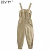 Zevity Women Fashion Double Pockets Patch Elastic Waist Sling Jumpsuits Chic Lady Cargo Pants Casual Business Rompers DS8308 210603