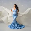 캐주얼 드레스 포 촬영 캡 슬리브 레이스 신부 출산 가운 맞춤 제작을위한 매력적인 블루 인어 임신