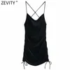 Zevity Women Sexy Spaghetti Strap Side Pleated Velvet Slim Mini Dress Femme Backless Cross Line Bow Club Wear Vestido DS4862 210603