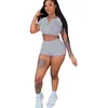 Kvinnor Tracksuits Sexig fast färg V Neck Kortärmad Hög midja Top Shorts Två Piece Set Outfits Jogging Suit Plus Size
