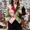 秋のスタイリッシュな色のコントラストカラーブレザーヴィンテージ女性スリムベルトウエスト長袖スーツかわいいコートストリート壁のwear 210429