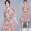 Elegant Summer Pomegranate Printed Dress Vintage Women Flower Short Sleeve Lace Up Sashes Holiday Boho Vestido 210529