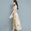 여름 도착 보헤미안 스타일 꽃 인쇄 짧은 소매 쉬폰 롱 드레스 플러스 크기 210531
