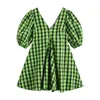 Robe en réseau Femme Summer Sweet Corée Version Retro Green Bubble Gleve en V Verbe Robes en ligne A-Line LR1193 210531