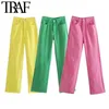 TRAF女性シックなファッション5ポケット色ワイドレッグジーンズヴィンテージハイウエストジッパーフライ女性デニムズボンムザーー210809