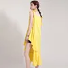 [Eam] Mulheres Amarelo Ruffles Irregular Atadura Vestido Neck Sem Mangas Loose Fit Moda Primavera Verão 1d7663 21512