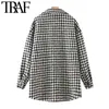 TRAF Women Fashion Oversized Houndstooth Frayed Tweed Jacket Coat Vintage Långärmad Fickor Kvinnlig Ytterkläder Chic Top 211112