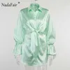 Nadafair Satin Party Dress Elegance Women 2021 Low V Neck Bow Tied Sexy Silk Shirt Dress Tunic Autumn Long Sleeve Mini Dress Y1006