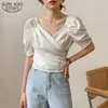 Chic Elegant Puff Sleeve Vrouwen Blouses Zomer V-hals Lace Up Short Shirts Tops Solid Casual Chiffon Blusas Femme 14277 210427
