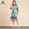 Lato projektant mody Vintage Midi Sukienka z długim rękawem Łuk pasek Elegancki Multicolor Floral Print Vacation 210522