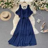 Women Fashion Chiffon Summer Dress Round Neck Hollow Ruffled Slim Holiday Solid Color Clothes Vestidos S229 210527