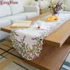 Home Decorative Beige Color Handmade Satin Cutwork Embroidered TV Stand Cabinet Cover Creative Lavender Lilac Oval Table Runner 211117