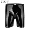 Yizyif mens shiny boxer shorts shorts cueca couro de patente de couro aberto orifício longo perna pugilista calcinha curta calça de borracha de pênis H1214