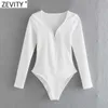 ZEVITY Kadınlar Seksi Derin V Boyun Knited Ince Bodysuits Kadın Uzun Kollu Siyah Beyaz Renk Chic Playsuits Siyam Romper LS9297 210603