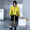 [EAM] Loose Fit Yellow Hem Mesh Big Size Jacket Stand Collar Long Sleeve Women Coat Fashion Spring Autumn 1DE1813 211014