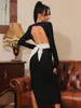 レディースホルタースクエアネックボウ長袖黒包帯ドレス女性タイトセクシーシックミディセレブパーティー210527