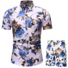 男性2ピースセット夏のショートパンツマンプリントシャツとビーチ着用ボードハワイアンファッション服210806