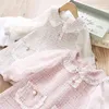 Moda 2021 Sonbahar Kız Prenses Elbise Çocuk Çocuk Bebek Örgü Fırfır Bebek Yaka Uzun Kollu Parti Elbiseler Vestidos S11146 G1129