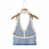 Summer Women Sexy Backless Striped Knitted Vest Deep V Neck Single Breasted T Shirt Casual Female Short Tops T1500 210430