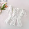 Joinyouth Womens Blouses Crop Tops Bandage Blusas Lace Flower Ruffles Off Shoulder White Blouse Sexy Korean Tunic Shirts Clothes 210326
