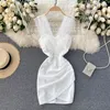 Summer Fashion Mesh Vestidos Female V-neck Open Back Waist Slimming Folds Irregular Hip Mini Dress GK007 210507