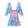 Print Floral Boho Dresses for Women Summer Half Sleeve Vintage French Style Retro Robe Femme Layered Mini Dress 210427
