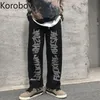 Korobov koreaans ins retro streetwear unisex hoge taille hip zwart rechte broek brief patchwork casual pantalones zomer 2B104 210430