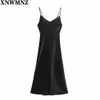 Schwarz Sexy Satin V-ausschnitt Midi Kleid Frauen Spaghetti Strap Ärmellose Backless Split Lange Kleider Frühling Dame Vestidos 210520