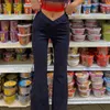 Casual V-Shaped High Waisted Flare Pant Fashion Summer Chic Black Byxor för kvinnliga Sweatpants Streetwear 211216