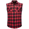 Rode plaid shirts mannen zomer merk casual mouwloze heren shirt dubbele cowboy pocket camisas ademend oversize vest 210524